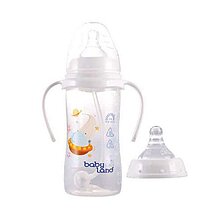 شیشه شیر ضد نفخ دهانه عریض فندقی دسته دار بیبی لند حجم 300 میل