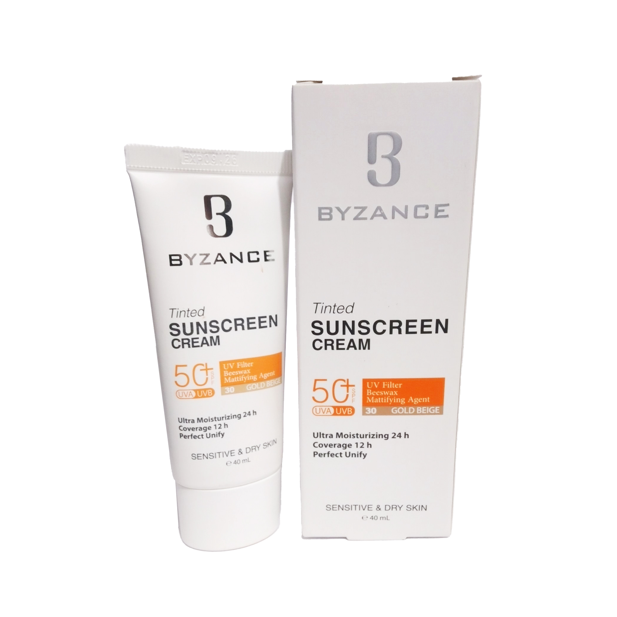 فلوئید ضد آفتاب بیزانس رنگی SPF50 پوست خشک وحساس بژ طلایی 30  40 میل