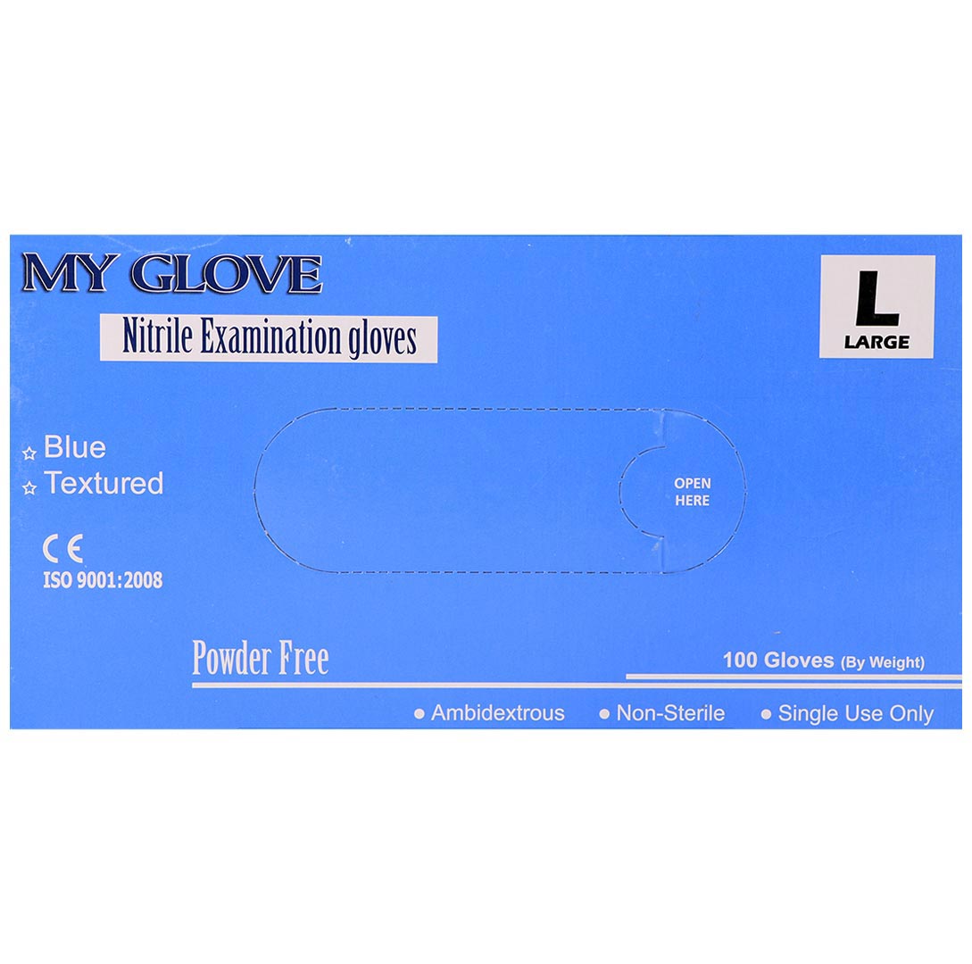 دستکش نیتریل آبی سایز لارج 100 عددی مای گلوو