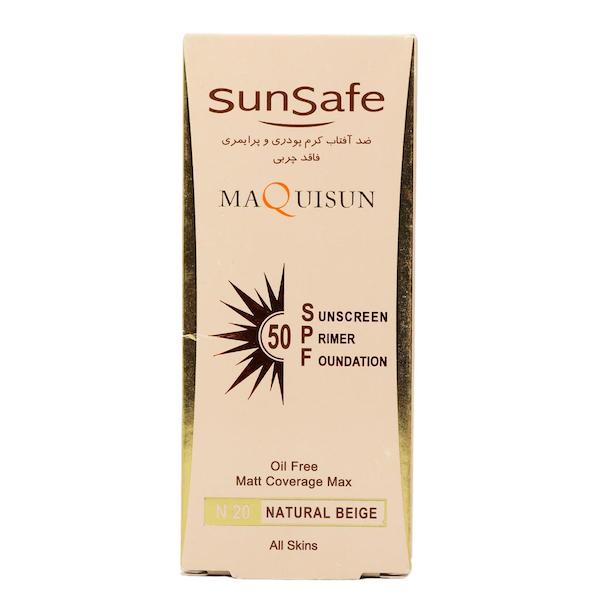 کرم ضد آفتاب فاقد چربی رنگی (پژ طبیعی ان 20) همراه با پرایمر اس پی اف 50 مات کننده 12 ساعته مناسب انواع پوست 40 میل سان سیف