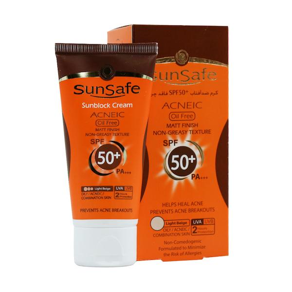 کرم ضد آفتاب SPF50 فاقد چربی سان سیف مناسب پوست چرب و آکنهای (رنگ بژ روشن)